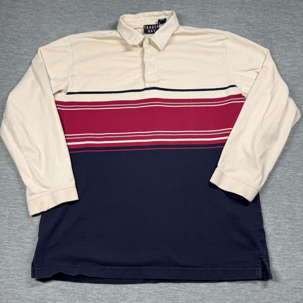 Trader Bay Rugby Shirt Mens Large Multi Color Striped Long Sleeve Cotton Polo VT